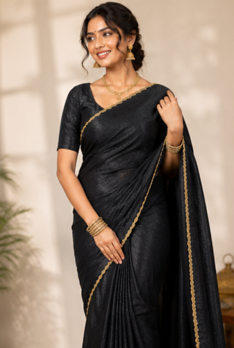 Black Color alpha with beads hand work rich border work Chiffon Saree