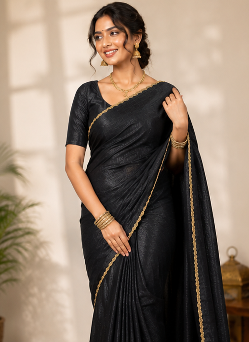 Black Color alpha with beads hand work rich border work Chiffon Saree