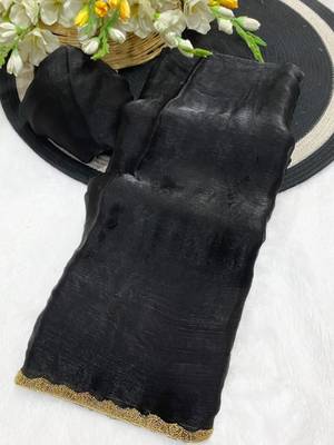 Black Color alpha with beads hand work rich border work Chiffon Saree 4