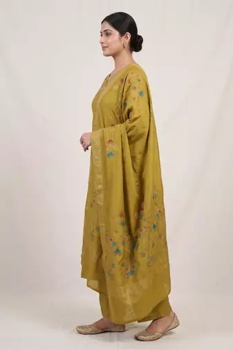 Embroidered mustard mango silk kurti, plazo & dupatta set