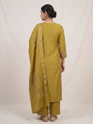 Embroidered mustard mango silk kurti, plazo & dupatta set 3