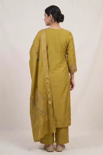Embroidered mustard mango silk kurti, plazo & dupatta set