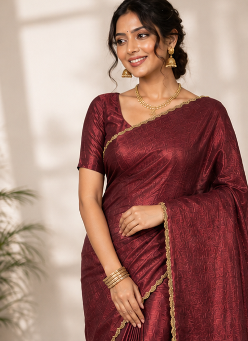 Brown Color alpha with beads hand work rich border work Chiffon Saree