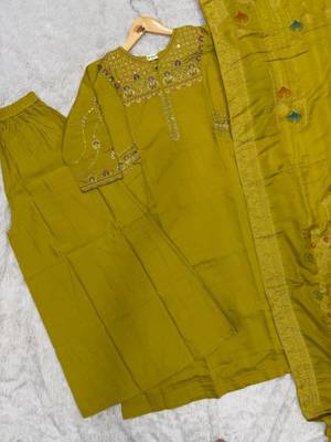 Embroidered mustard mango silk kurti, plazo & dupatta set 4