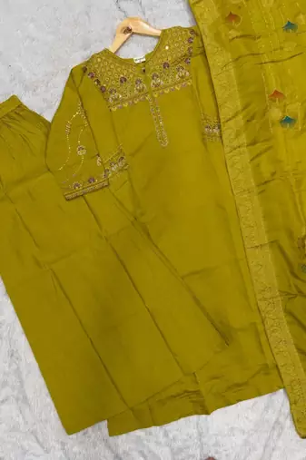 Embroidered mustard mango silk kurti, plazo & dupatta set