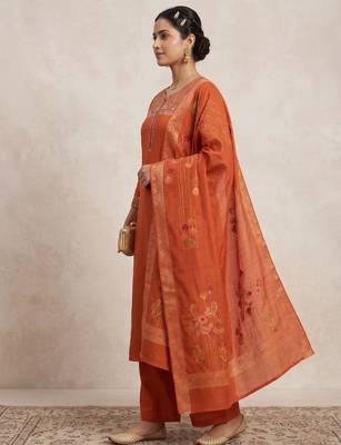 Embroidered orange mango silk kurti, plazo & dupatta set 2
