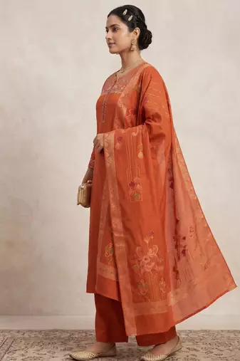 Embroidered orange mango silk kurti, plazo & dupatta set