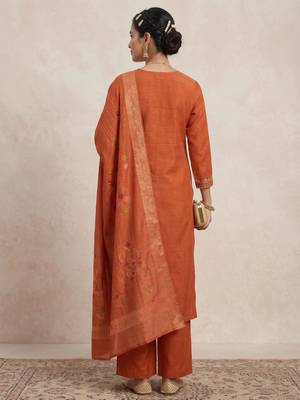 Embroidered orange mango silk kurti, plazo & dupatta set 3