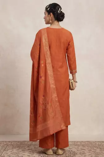 Embroidered orange mango silk kurti, plazo & dupatta set