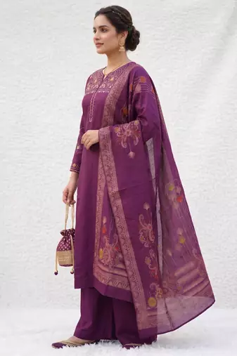 Embroidered purple mango silk kurti, plazo & dupatta set