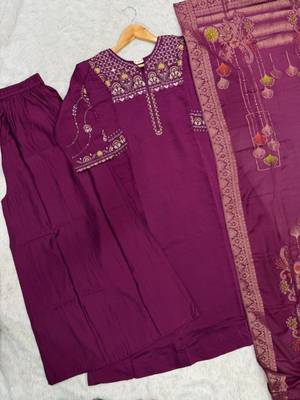 Embroidered purple mango silk kurti, plazo & dupatta set 3