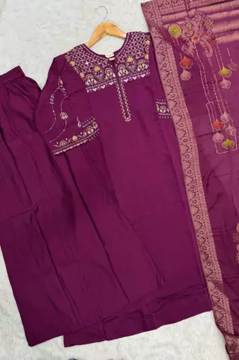 Embroidered purple mango silk kurti, plazo & dupatta set