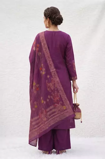 Embroidered purple mango silk kurti, plazo & dupatta set