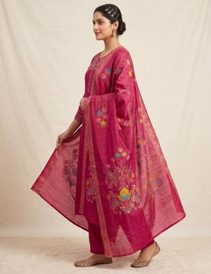 Embroidered rani mango silk kurti, plazo & dupatta set 2