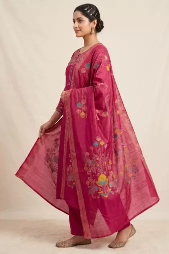 Embroidered rani mango silk kurti, plazo & dupatta set