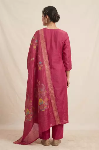Embroidered rani mango silk kurti, plazo & dupatta set