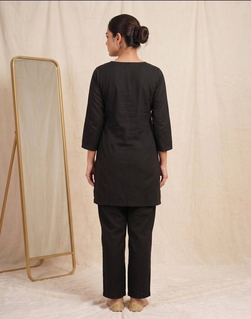 Designer embroidered black rayon co-ord set for women