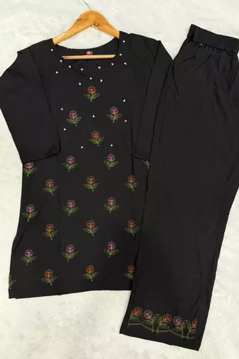 Designer embroidered black rayon co-ord set for women