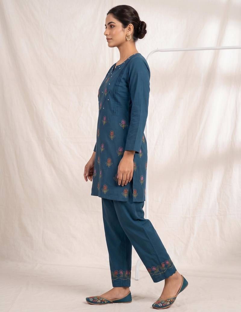 Designer embroidered firozi rayon co-ord set for women