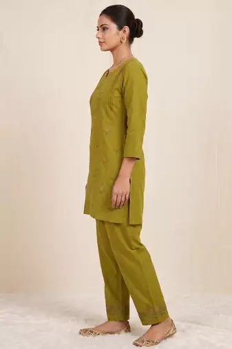 Designer embroidered green rayon co-ord set for women