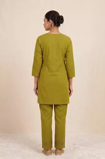 Designer embroidered green rayon co-ord set for women