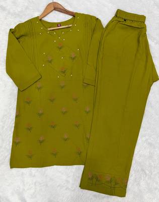 Designer embroidered green rayon co-ord set for women 4