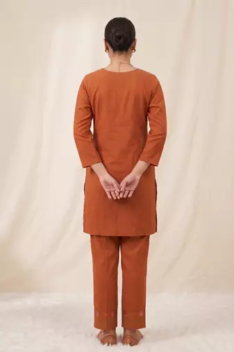Designer embroidered orange rayon co-ord set for women