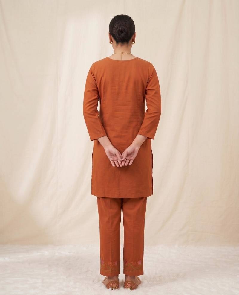 Designer embroidered orange rayon co-ord set for women