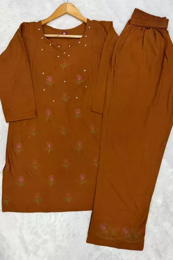 Designer embroidered orange rayon co-ord set for women