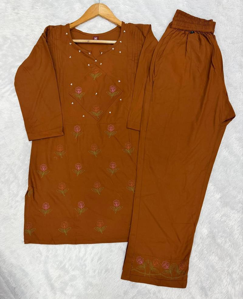 Designer embroidered orange rayon co-ord set for women