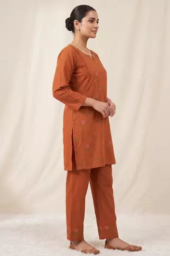Designer embroidered orange rayon co-ord set for women
