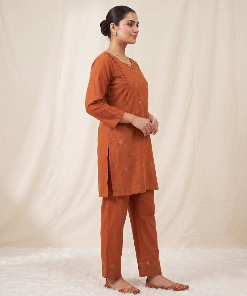 Designer embroidered orange rayon co-ord set for women