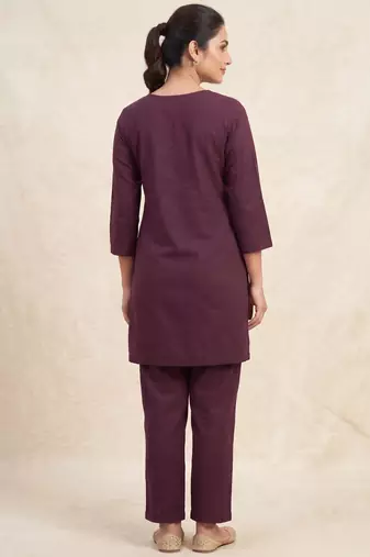 Designer embroidered wine rayon co-ord set for women