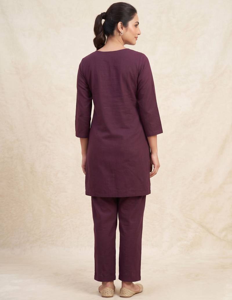 Designer embroidered wine rayon co-ord set for women