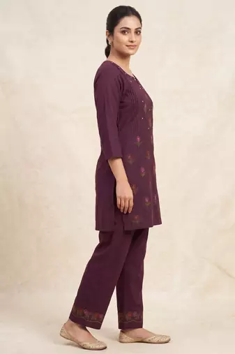 Designer embroidered wine rayon co-ord set for women