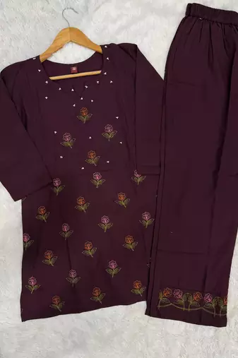 Designer embroidered wine rayon co-ord set for women
