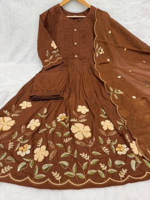  cotton designer brown anarkali kurti set with embroidery dupatta 3