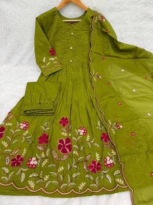  cotton designer green anarkali kurti set with embroidery dupatta 2