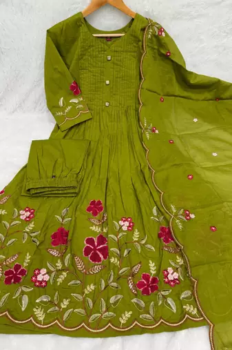  cotton designer green anarkali kurti set with embroidery dupatta