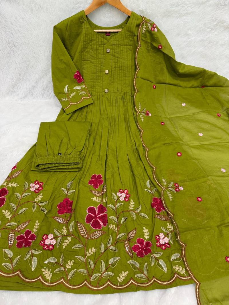  cotton designer green anarkali kurti set with embroidery dupatta