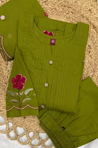  cotton designer green anarkali kurti set with embroidery dupatta