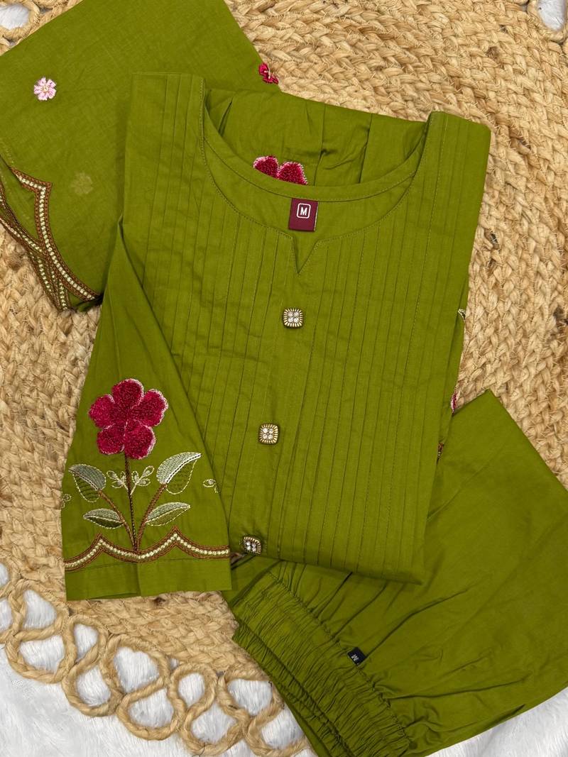  cotton designer green anarkali kurti set with embroidery dupatta