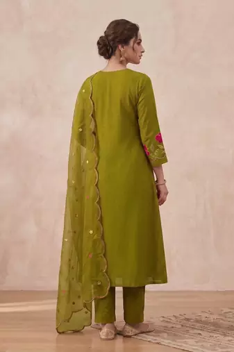  cotton designer green anarkali kurti set with embroidery dupatta