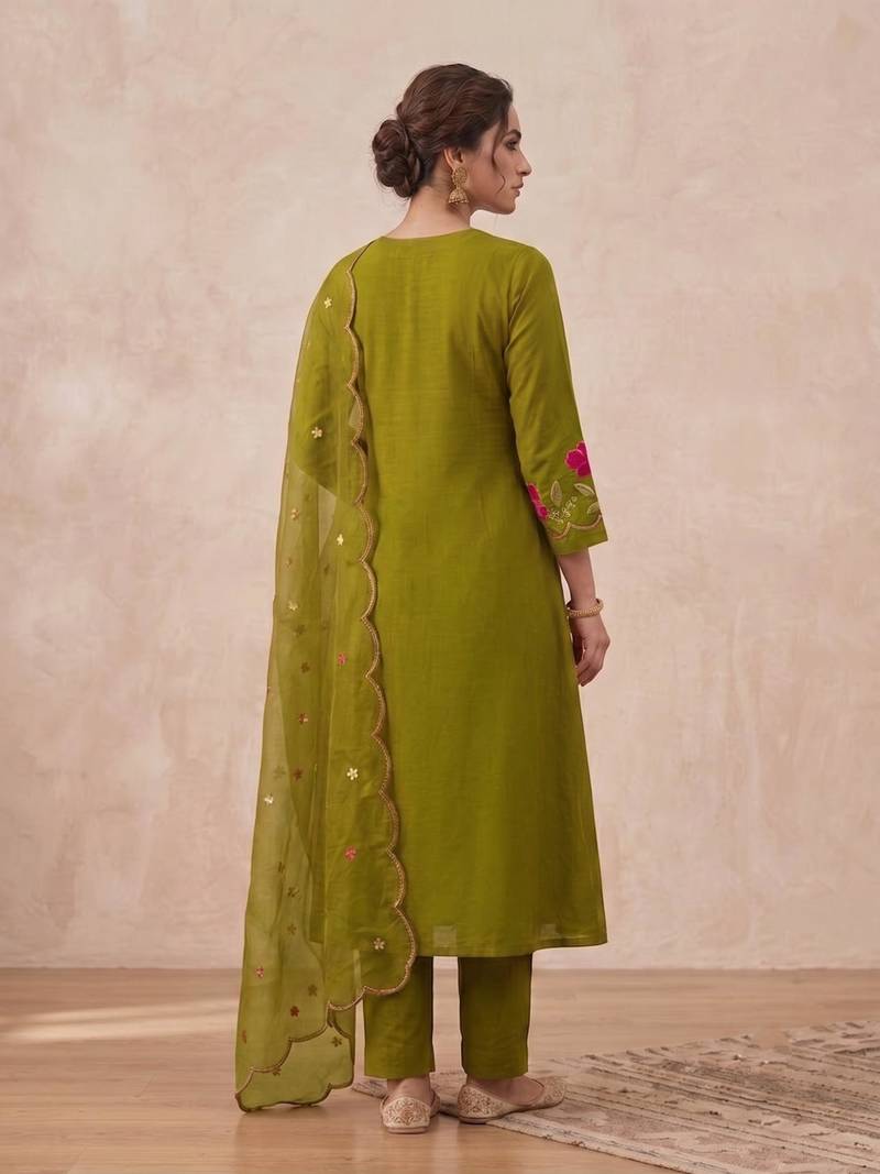  cotton designer green anarkali kurti set with embroidery dupatta