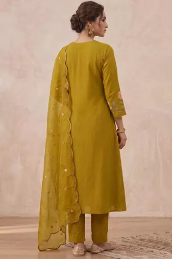  cotton designer mustard anarkali kurti set with embroidery dupatta
