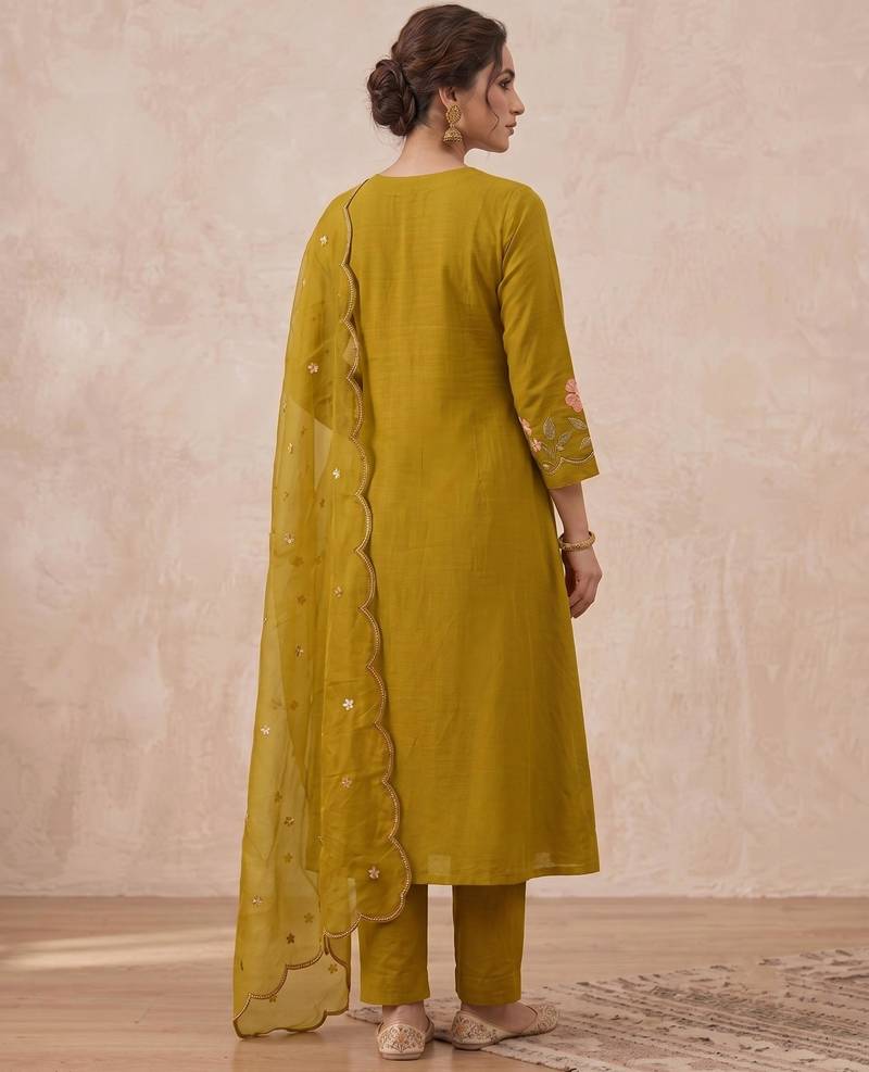  cotton designer mustard anarkali kurti set with embroidery dupatta