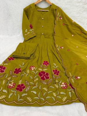  cotton designer mustard anarkali kurti set with embroidery dupatta 3