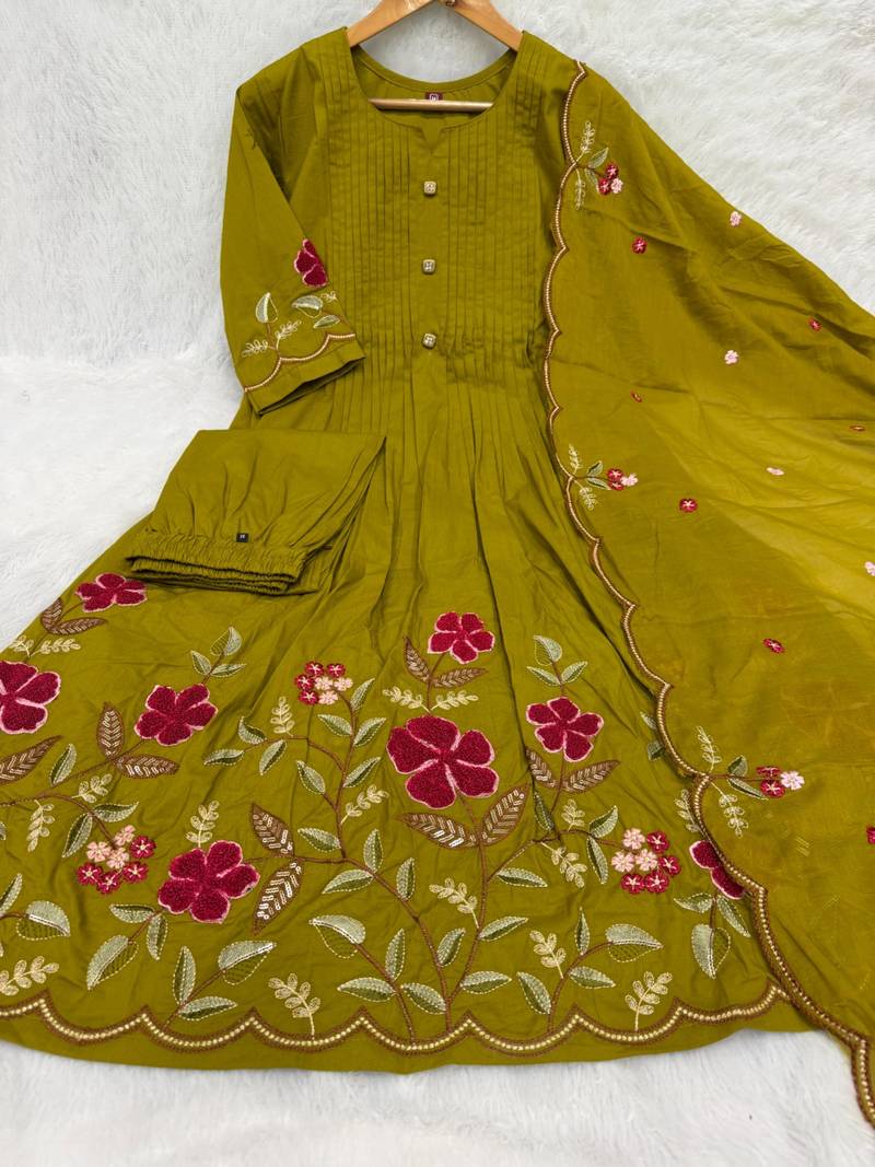  cotton designer mustard anarkali kurti set with embroidery dupatta