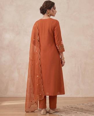  cotton designer orange anarkali kurti set with embroidery dupatta 2