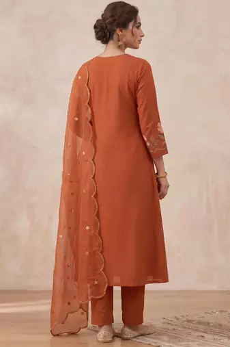  cotton designer orange anarkali kurti set with embroidery dupatta